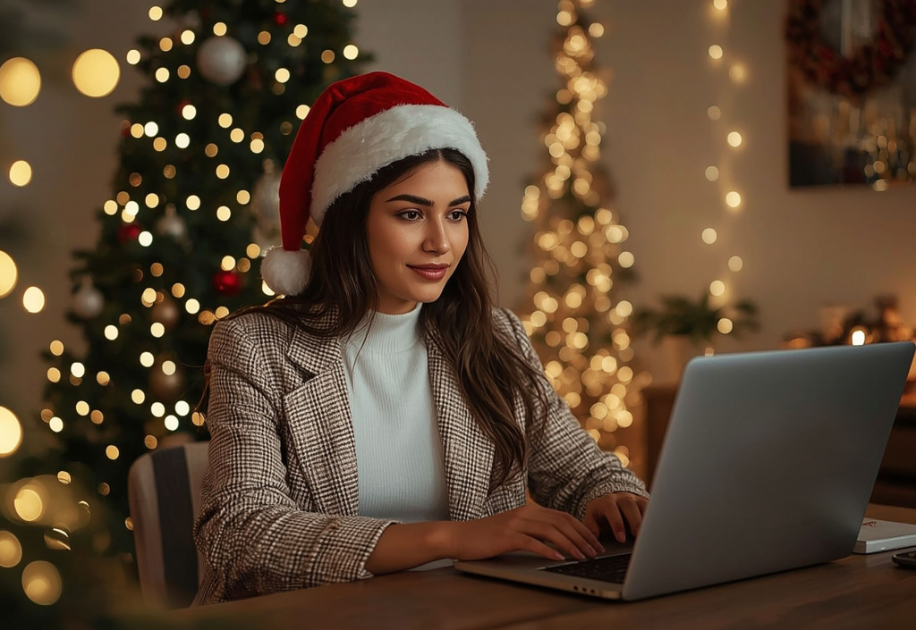 Creador de contenido navideño grabando un vídeo con música frente a un árbol de Navidad.