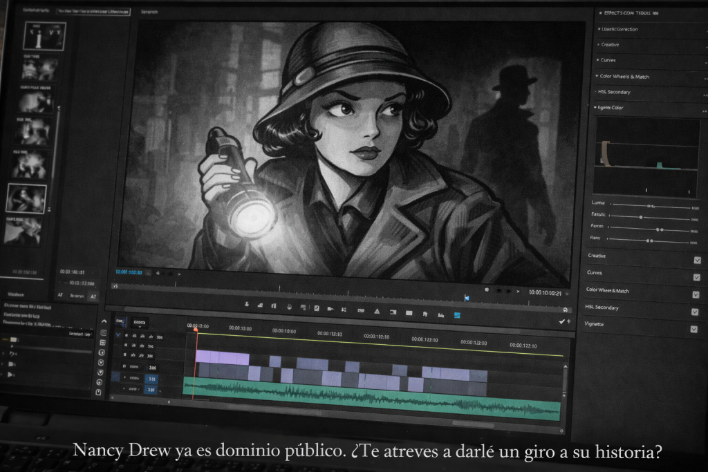 Pantalla de software de edición de vídeo con una escena noir de Nancy Drew iluminando con una linterna, lista para ser reinterpretada como personaje de dominio público.