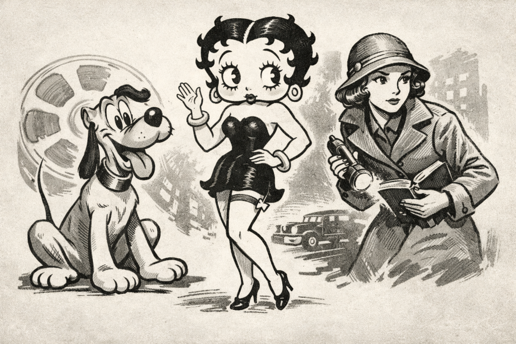 Ilustración vintage en blanco y negro con los personajes originales de Pluto, Betty Boop y Nancy Drew, tal como aparecían en los años 30, ahora en dominio público.